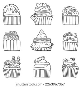 Handgezeichnete Cupcakes-Sammlung im Doodart-Stil auf weißem Hintergrund