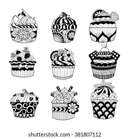 Hand drawn cupcake for coloring book for adult