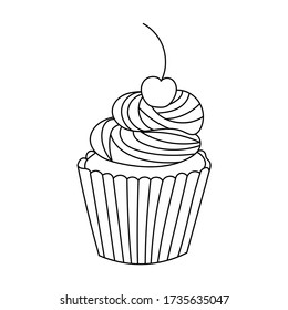 Pizarra dibujada a mano con crema y cereza en la parte superior. Ilustración del contorno del vector aislada en fondo blanco