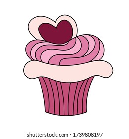 Hand drawn cupcake with cream and heart on the top. Vector illustration isolated on white background