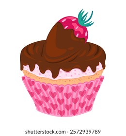 Hand drawn cupcake with cream and strawberries covered with chocolate icing in a paper wrapper with hearts