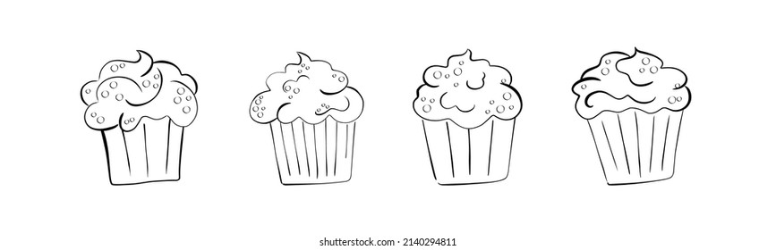 hand drawn cupcake with cream and topping. simple cartoon food illustration of cake.