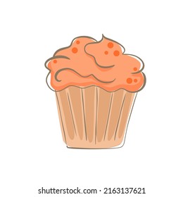 hand drawn cupcake with cream and topping. simple cartoon food illustration of cake