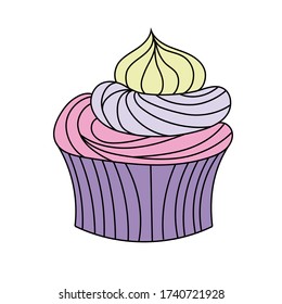Hand drawn cupcake with cream. Vector illustration isolated on white background