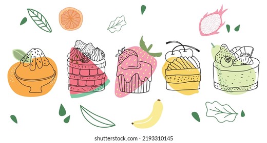 Hand drawn cupcake and dessert in doodle art style with mixed fruit and leaf on white background