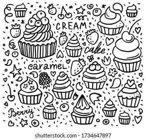 Hand drawn cupcake doodle background pattern with desserts, berries and lettering. Vector illustration