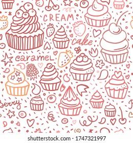 Hand drawn cupcake doodle background seamless pattern with desserts, berries and lettering. Vector illustration