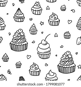 Hand drawn cupcake doodle background seamless pattern, desserts, berries. Vector illustration