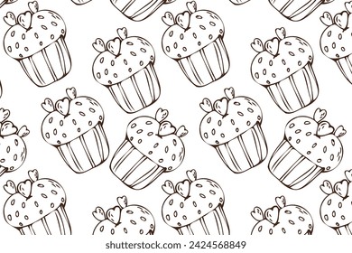 Hand drawn cupcake doodle background for bakery. Vector illustration isolated. Pattern can used for greeting card, invitation, menu background, poster, textile, wrapping paper, celebration banner