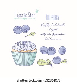 Hand drawn cupcake with doodle buttercream for pastry shop menu. Blueberry flavor. Vector illustration