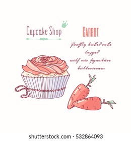 Hand drawn cupcake with doodle buttercream for pastry shop menu. Carrot flavor. Vector illustration