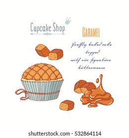 Hand drawn cupcake with doodle buttercream for pastry shop menu. Caramel candy flavor. Vector illustration