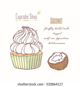 Hand drawn cupcake with doodle buttercream for pastry shop menu. Coconut flavor. Vector illustration