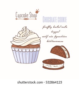 Hand drawn cupcake with doodle buttercream for pastry shop menu. Chocolate cookie flavor. Vector illustration