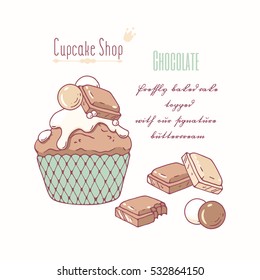 Hand drawn cupcake with doodle buttercream for pastry shop menu. Milk and white chocolate flavor. Vector illustration