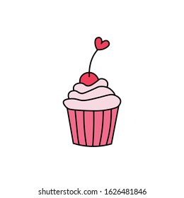 Hand drawn cupcake flat icon with a heart on it isolated on a white background.Valentine's day concept cupcake icon.