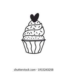 Hand drawn cupcake with geart on a top.Valentine`s day, love postcard, Women`s day.Simple vector elements. Vector clipart for design, wrapping paper, postcards, ui, textile design