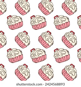 Hand drawn cupcake and heart background for bakery. Vector illustration isolated. Pattern can used for greeting card, invitation, menu background, poster, textile, wrapping paper, celebration banner