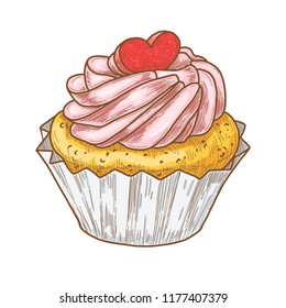 Hand drawn cupcake with heart cookie, vintage etching, colorful food sketch engraving, pen and ink line art isolated on white background. Vector illustration.