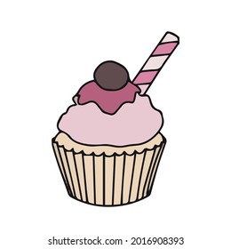 hand drawn cupcake illustrations. Vector doodles with desserts for your design, cards, textiles, posters. Isolated on white background