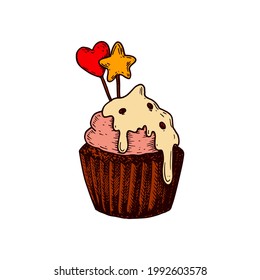 Hand drawn cupcake isolated on white. Vector illustration in sketch style