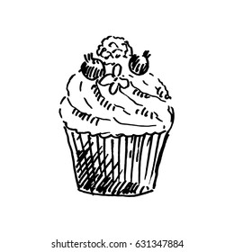 Hand drawn cupcake isolated on white background. Sketch, vector illustration.