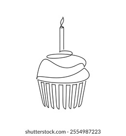 Hand drawn cupcake muffin. Birthday candle cake dessert line continuous drawing. Linear pastry vector icon. Abstract illustration, cartoon print, card, bakery logo, sign, symbol, cartoon, doodle.