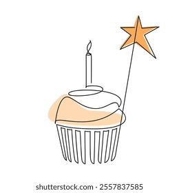 Hand drawn cupcake muffin. Birthday candle cake. Dessert line continuous drawing. Linear icon vector. Minimal illustration, print, banner card, logo, star sign, bakery symbol, holiday pastry, cartoon