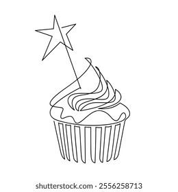 Hand drawn cupcake muffin creamy cake. Dessert line continuous drawing. Linear ice cream icon vector. Minimal illustration, print, banner, birthday card, logo, star sign, bakery symbol, holiday pastry