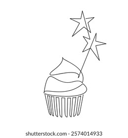 Hand drawn cupcake muffin creamy cake. Dessert line continuous drawing. Linear ice cream icon vector. Minimal illustration, print, banner, birthday card, logo, star sign, bakery symbol, holiday pastry