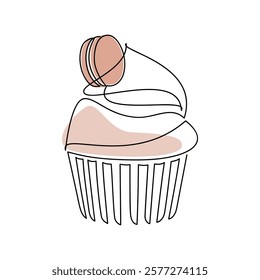 Hand drawn cupcake muffin creamy cake. Caramel macaroon dessert line continuous drawing. Linear pastry vector icon. Abstract illustration, cartoon print, card, bakery logo, sign symbol, menu