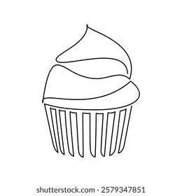 Hand drawn cupcake muffin creamy cake. Dessert line continuous drawing. Linear ice cream icon vector. Minimal illustration, print, banner, card, logo, sign, bakery symbol, menu, pastry, cartoon