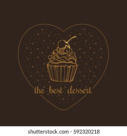 Hand drawn cupcake on a brown background with Golden hearts. The element menu design, brochure, logo