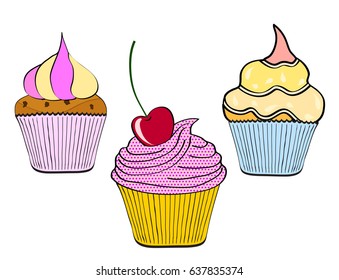 hand drawn cupcake on white background, pop art comic style vector illustration