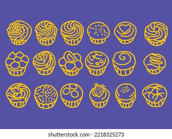 Hand Drawn Cupcake Outline Icon Set .cupcake Doodle Illustration 