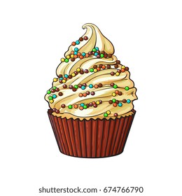 Hand drawn cupcake with perfect cream swirls and colorful sprinkles, sketch style vector illustration isolated on white background. Realistic hand drawing of cupcake with cream and sprinkles