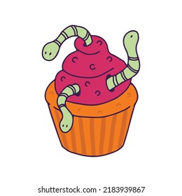 Hand drawn cupcake with pink cream and worms. Sweet horror. Halloween picture. Vector clipart in cartoon style. Illustration isolated on white background.