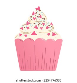 Hand drawn cupcake with pink hearts in flat style. Vector illustration