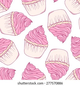 Hand drawn cupcake seamless pattern. Doodle dessert background. Vector illustration