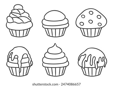 hand drawn cupcake set, doodle, sweet food, black and white, outline, muffin, cream, frosting, silhouette drawing, vector illustration