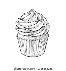 Hand drawn cupcake sketch, black and white ink line art, vintage etching drawing isolated vector illustration.