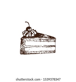 Hand drawn cupcake - a slice of cake with cherry and cream. Vector illustration. For coffee and tea shop and a bakery. Pencil drawn in vintage engraving style. Separately on a white background.