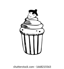Hand drawn cupcake with strawberry  and cream. Vector illustration for decor, cards, print, banner design.Isolated on white background. Sketch. 