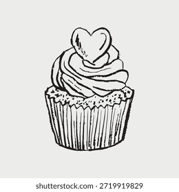 Hand drawn cupcake with swirled frosting and heart topper. Valentine's day dessert. Vector sketch illustration in vintage crayon charcoal style