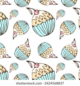 Hand drawn cupcake vintage background for bakery. Vector illustration isolated. Pattern can used for greeting card, invitation, menu background, poster, textile, wrapping paper, celebration banner