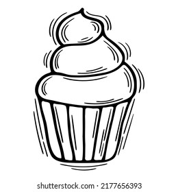Hand drawn cupcake. Wedding, anniversary, birthday, party. Doodle pastry food. Vector illustration