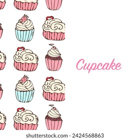 Hand drawn cupcakes banner. Vector illustration isolated. Can used for greeting card, invitation, menu background, poster, textile, wrapping paper, celebration banner