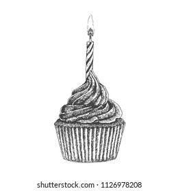 Hand drawn cupcakes with candle. Birthday cupcake.