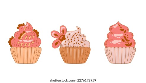 Hand drawn cupcakes collection. Vector sweet dessert set with doodle style cakes decorated with flowers on whipped cream topping for cafe, menu, pastry product decoration