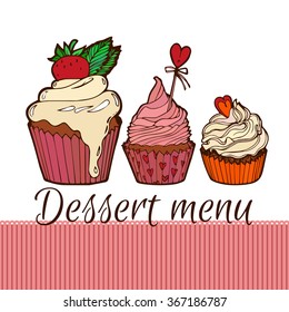 Hand drawn cupcakes with different toppings for dessert menu, bakery logo or postcard design